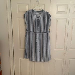 Navy and white striped linen dress